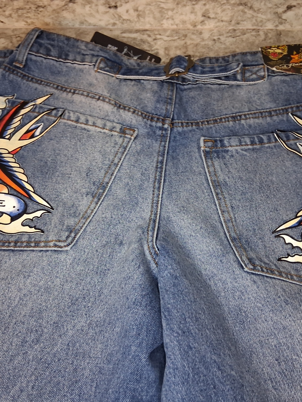 Ed Hardy Wide Leg Jeans Born Free Blue Denim Size 30 Buckle Tab Vintage